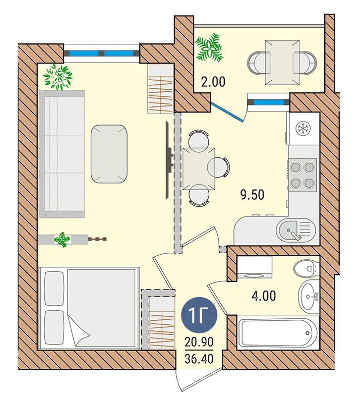 Однокімнатна квартира - 1Г